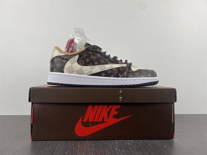 travis scott x nike air jordan 1 low og l0vt monogram brown damier azur dm7866-216