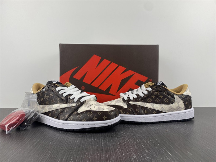travis scott x nike air jordan 1 low og l0vt monogram brown damier azur dm7866-216